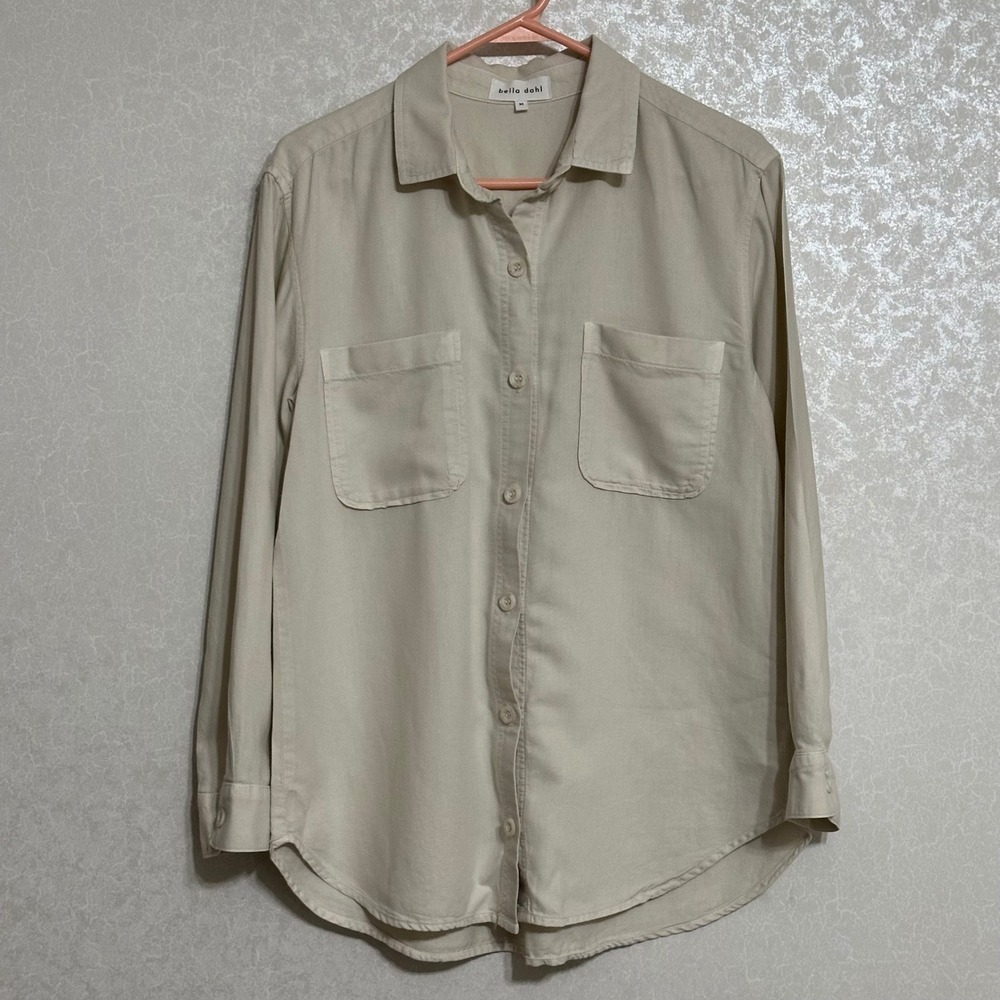 Bella Dahl Pocket Button Down Shirt Cotton Linen Blend Beige Tan Minimalist M